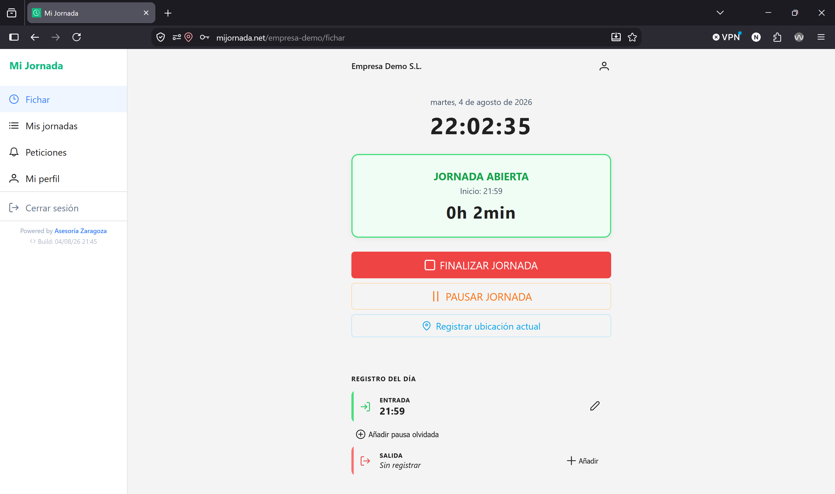 Pantalla de fichaje con jornada activa