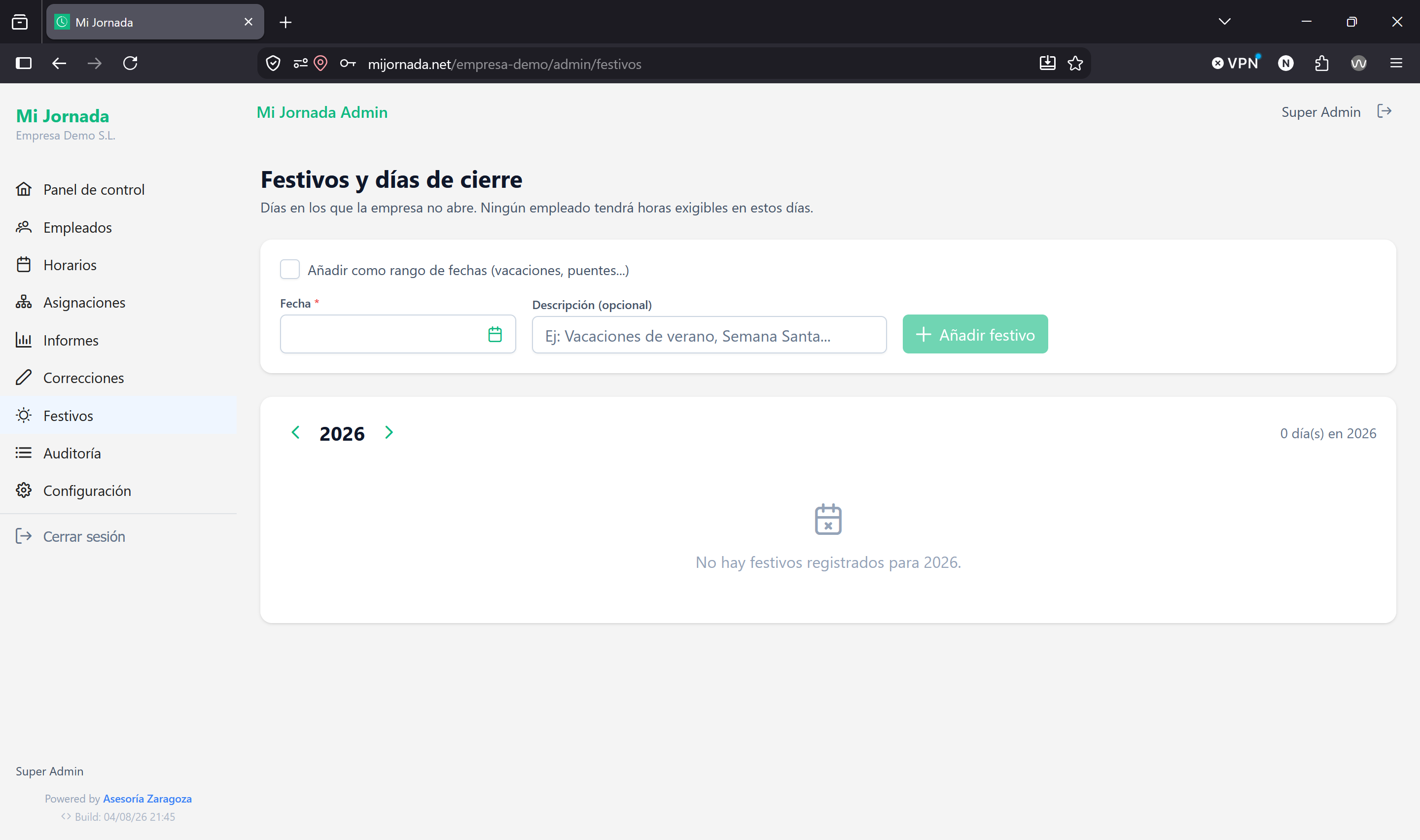 Gestión de festivos de la empresa